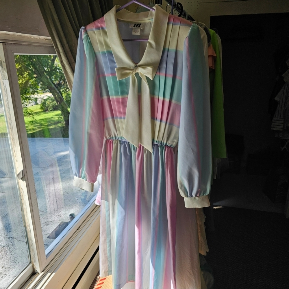 IFI 70s Vintage Pastel Striped Dress, Pink Green and Blue